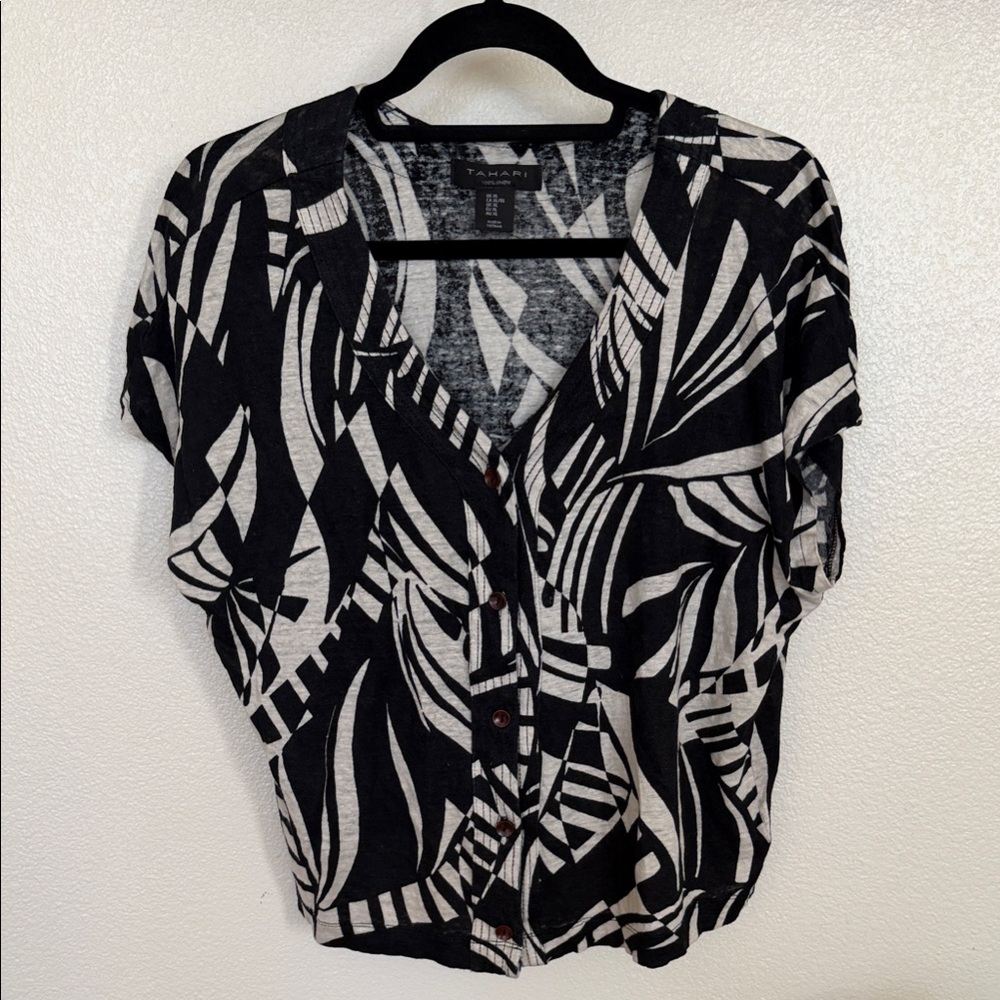 Tahari Black and Cream Abstract Print Button-Front Top